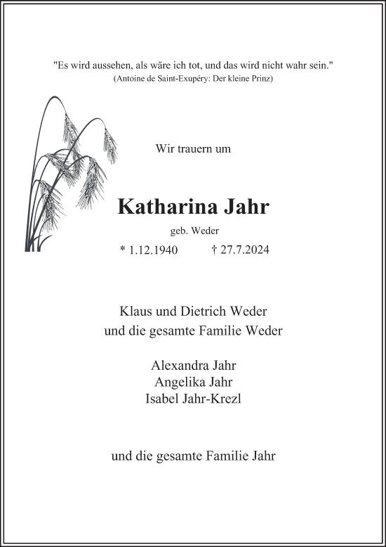 Traueranzeige von Katharina Jahr von Hamburger Abendblatt