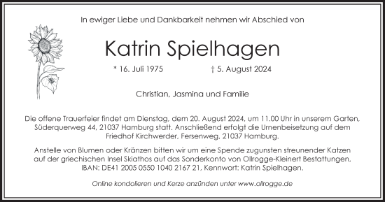 Traueranzeige von Katrin Spielhagen von Hamburger Abendblatt