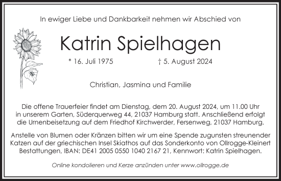 Traueranzeige von Katrin Spielhagen von Bergedorfer Zeitung