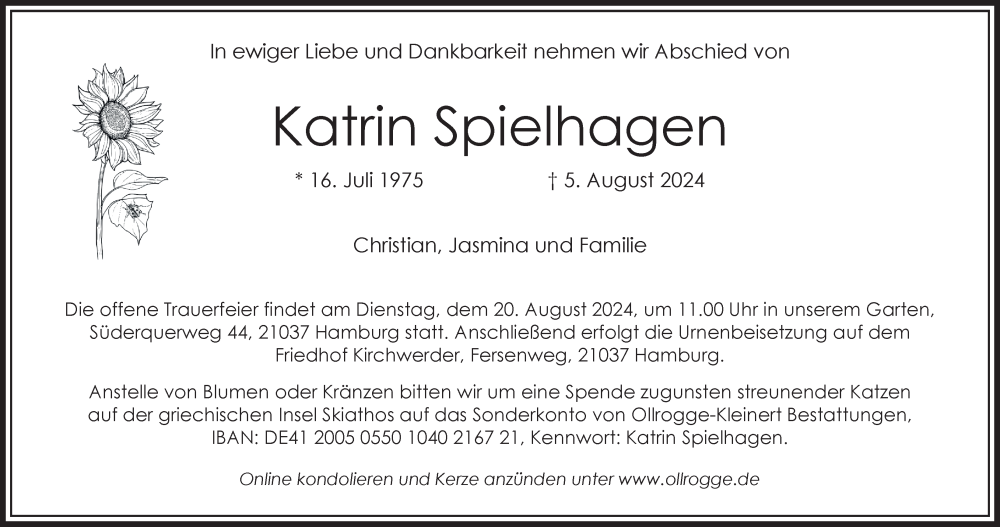  Traueranzeige für Katrin Spielhagen vom 10.08.2024 aus Hamburger Abendblatt