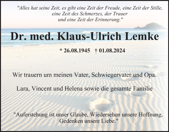 Traueranzeige von Klaus-Ulrich Lemke von Hamburger Abendblatt