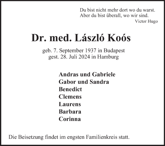 Traueranzeige von Laszlo Koos von Hamburger Abendblatt