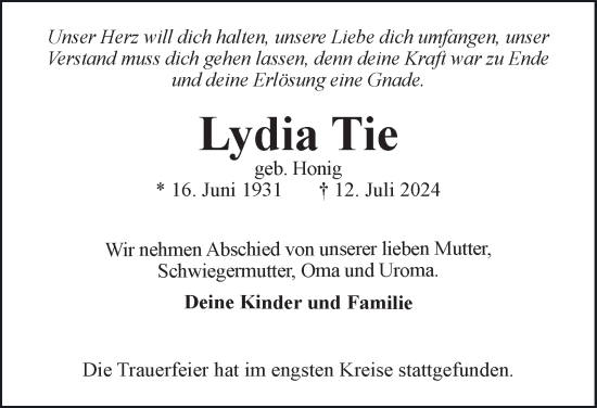 Traueranzeige von Lydia Tie von Bergedorfer Zeitung