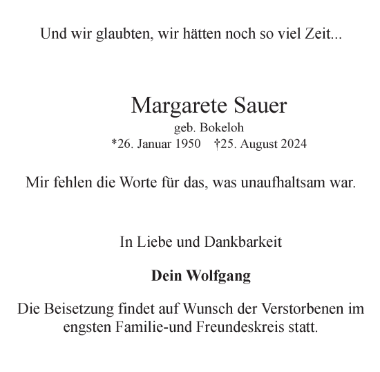 Traueranzeige von Margarete Sauer von Hamburger Abendblatt