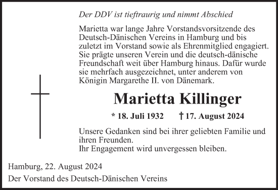 Traueranzeige von Marietta Killinger von Hamburger Abendblatt