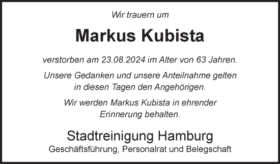 Traueranzeige von Markus Kubista von Hamburger Abendblatt