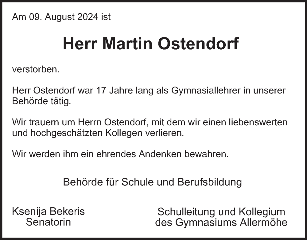  Traueranzeige für Martin Ostendorf vom 31.08.2024 aus Hamburger Abendblatt