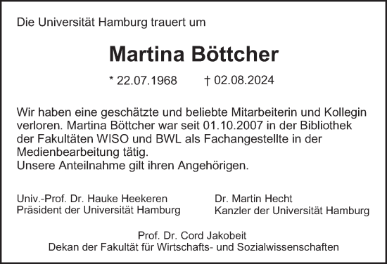 Traueranzeige von Martina Böttcher von Hamburger Abendblatt
