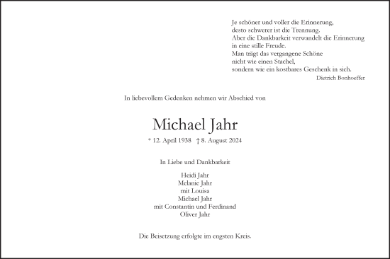 Traueranzeige von Michael Jahr von Hamburger Abendblatt