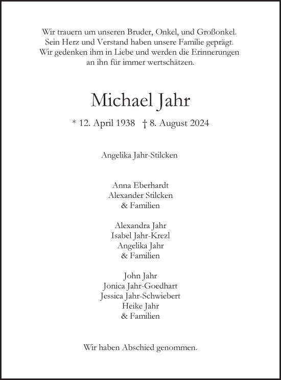 Traueranzeige von Michael Jahr von Hamburger Abendblatt