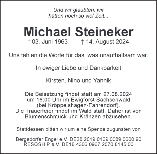 Traueranzeige von Michael Steineker von Hamburger Abendblatt