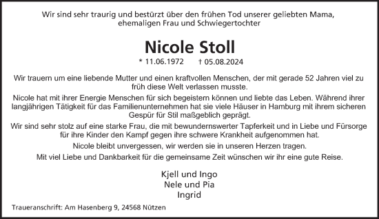Traueranzeige von Nicole Stoll von Hamburger Abendblatt