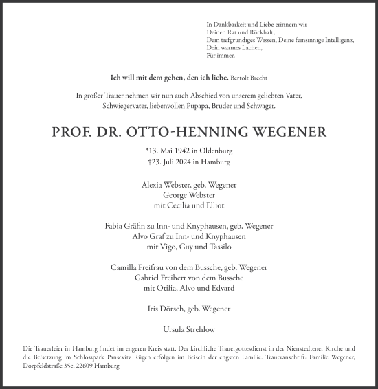 Traueranzeige von Otto-Henning Wegener von Hamburger Abendblatt