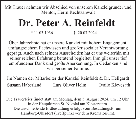 Traueranzeige von Peter A. Reinfeldt von Hamburger Abendblatt