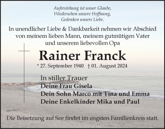 Traueranzeige von Rainer Franck von Hamburger Abendblatt