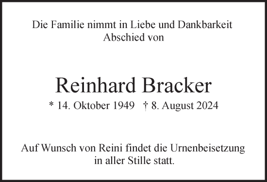 Traueranzeige von Reinhard Bracker von Hamburger Abendblatt