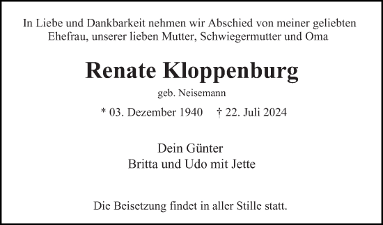 Traueranzeige von Renate Kloppenburg 