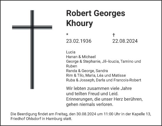 Traueranzeige von Robert  Khoury von Hamburger Abendblatt