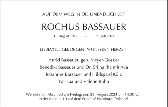 Traueranzeige von Rochus Bassauer von Hamburger Abendblatt