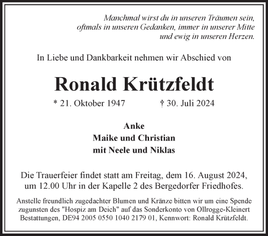 Traueranzeige von Ronald Krützfeldt von Bergedorfer Zeitung