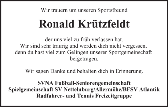 Traueranzeige von Ronald Krützfeldt von Bergedorfer Zeitung