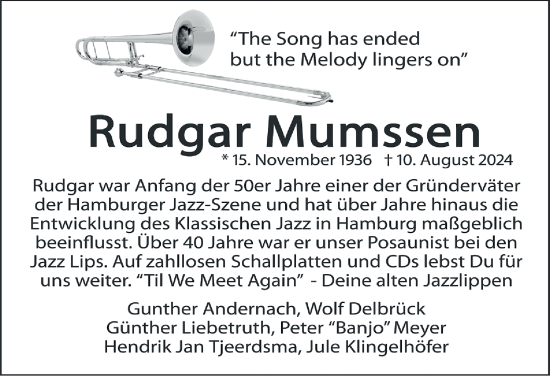 Traueranzeige von Rudgar Mumssen von Hamburger Abendblatt