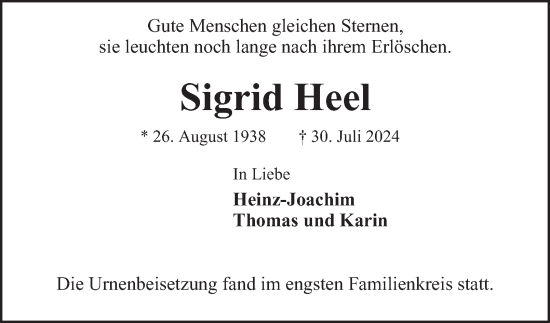 Traueranzeige von Sigrid Heel von Hamburger Abendblatt