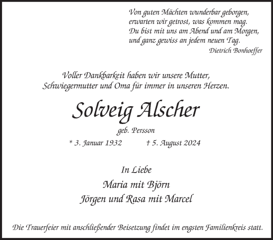 Traueranzeige von Solveig Alscher von Hamburger Abendblatt
