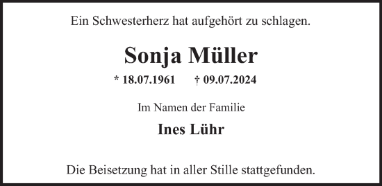 Traueranzeige von Sonja Müller von Hamburger Abendblatt