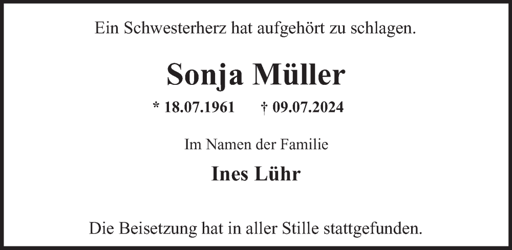  Traueranzeige für Sonja Müller vom 10.08.2024 aus Hamburger Abendblatt