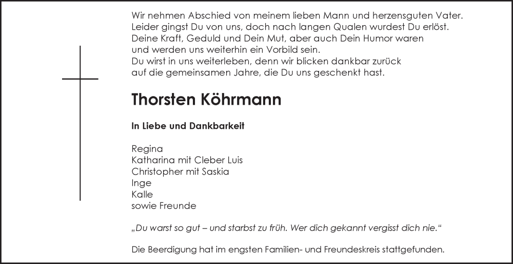  Traueranzeige für Thorsten Köhrmann vom 10.08.2024 aus 