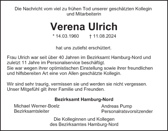 Traueranzeige von Verena Ulrich von Hamburger Abendblatt