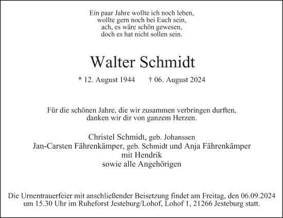 Traueranzeige von Walter Schmidt von HA Regio Harburg