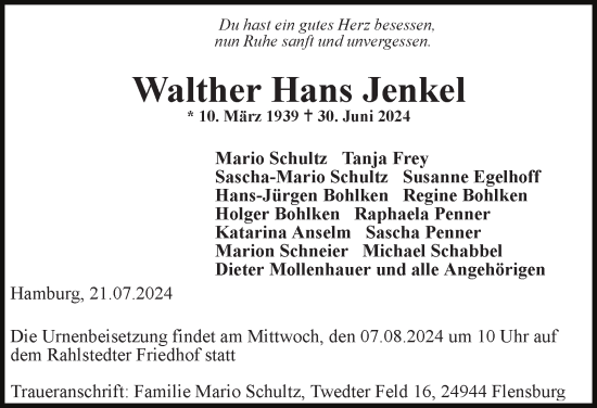 Traueranzeige von Walther Hans Jenkel von Hamburger Abendblatt