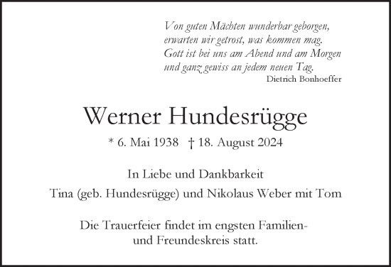 Traueranzeige von Werner Hundesrügge von Hamburger Abendblatt