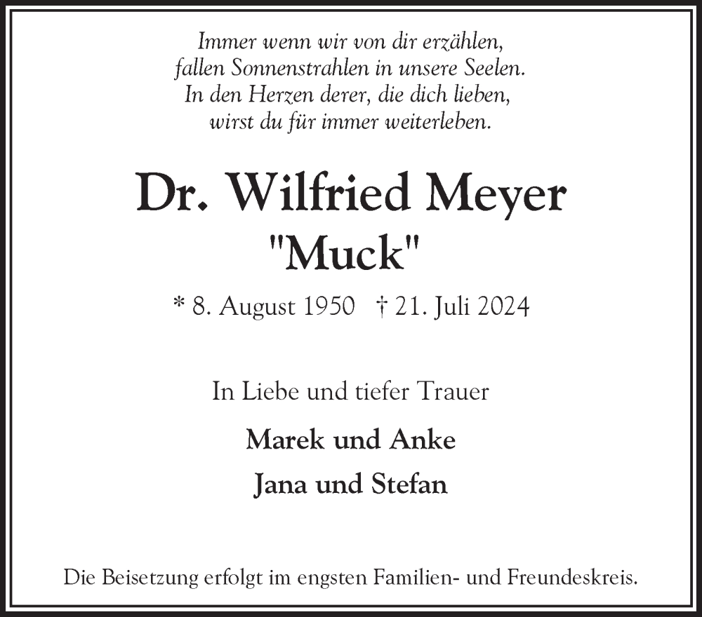  Traueranzeige für Wilfried Meyer vom 10.08.2024 aus Hamburger Abendblatt