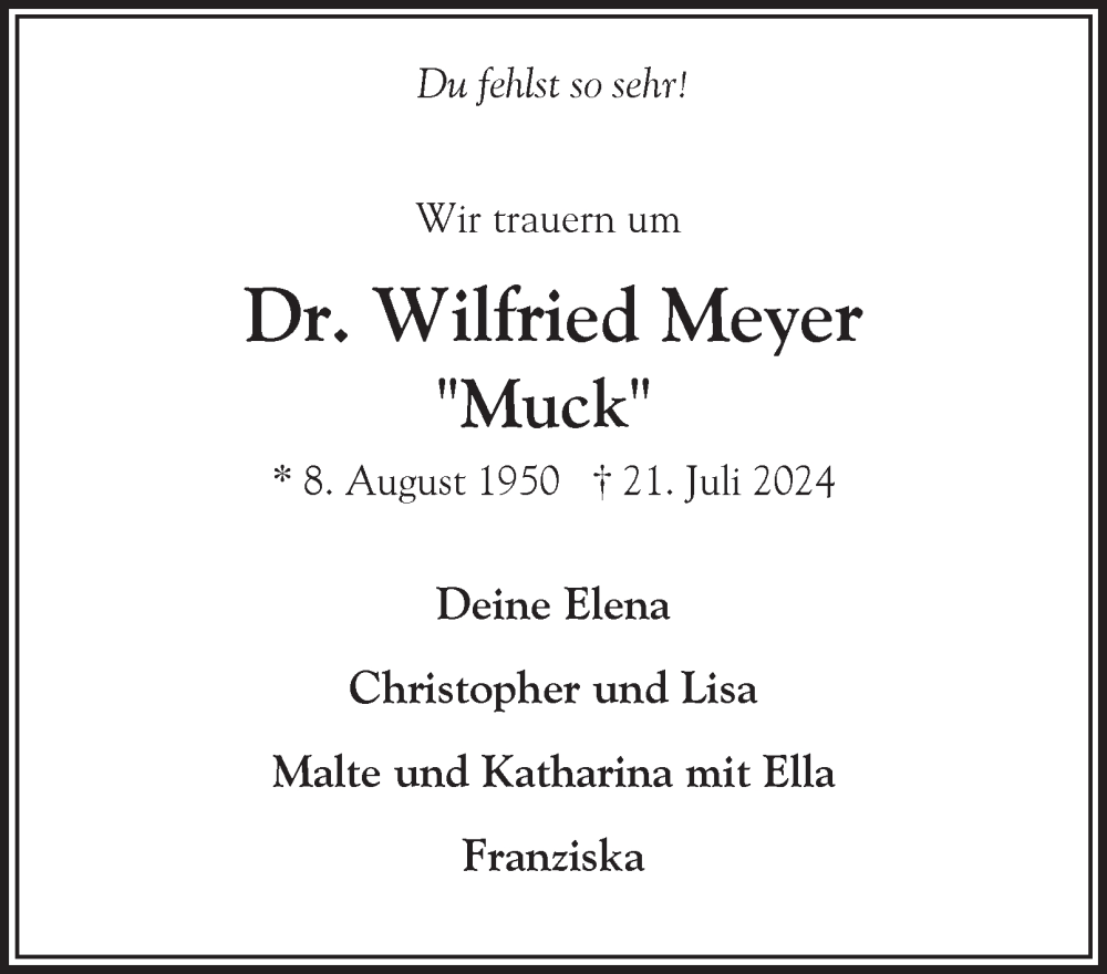  Traueranzeige für Wilfried Meyer vom 10.08.2024 aus Hamburger Abendblatt