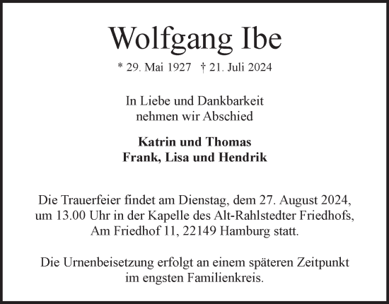 Traueranzeige von Wolfgang Ibe von Hamburger Abendblatt