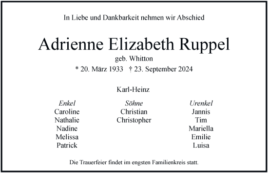 Traueranzeige von Adrienne Elizabeth Ruppel von Hamburger Abendblatt