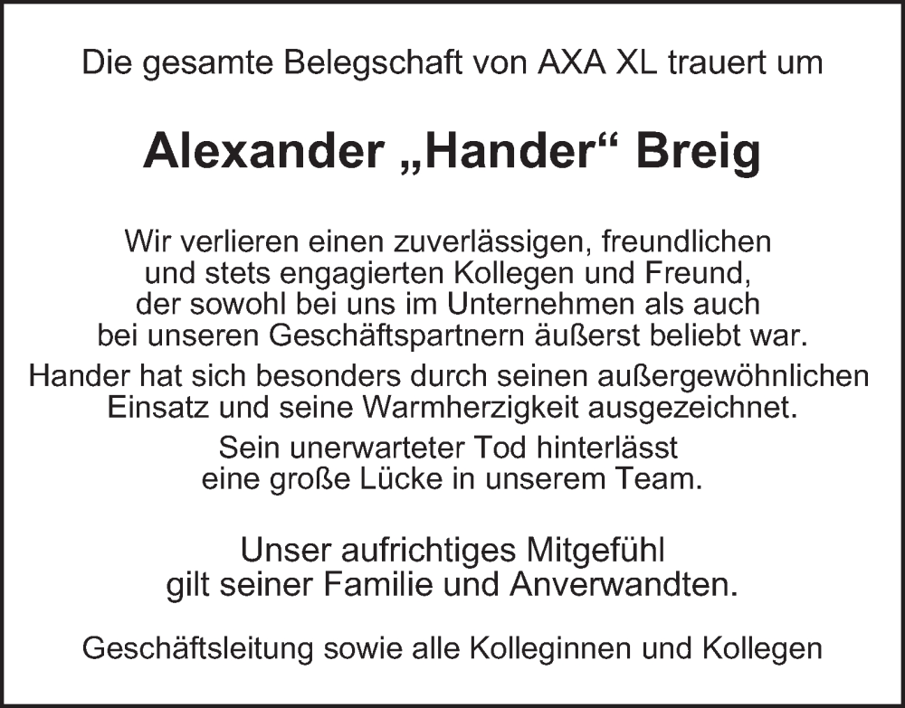  Traueranzeige für Alexander  Breig vom 16.09.2024 aus Hamburger Abendblatt