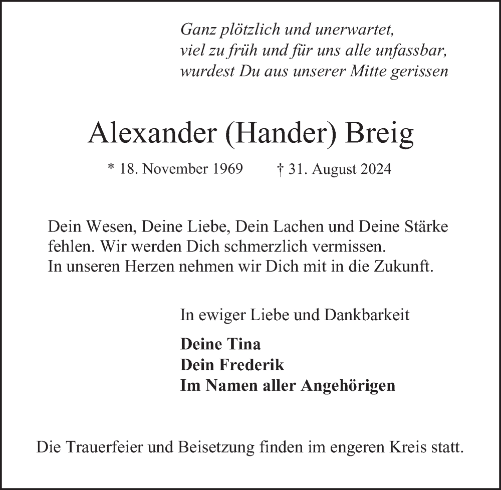  Traueranzeige für Alexander  Breig vom 14.09.2024 aus Hamburger Abendblatt