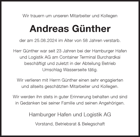 Traueranzeige von Andreas Günther von Hamburger Abendblatt