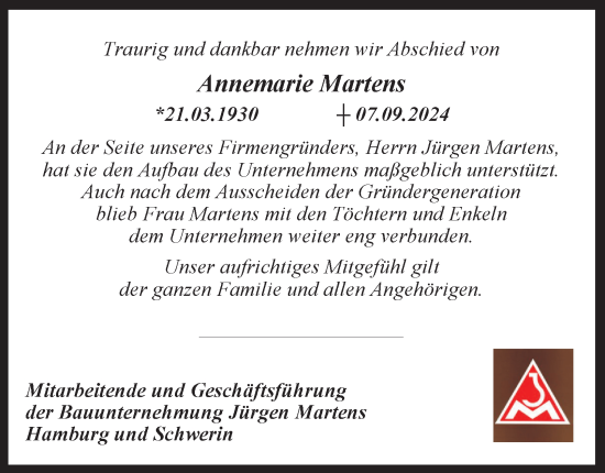 Traueranzeige von Annemarie Martens von Hamburger Abendblatt