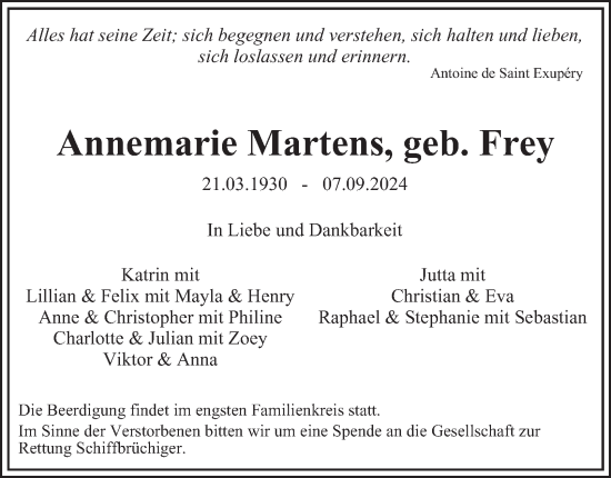 Traueranzeige von Annemarie Martens von Hamburger Abendblatt