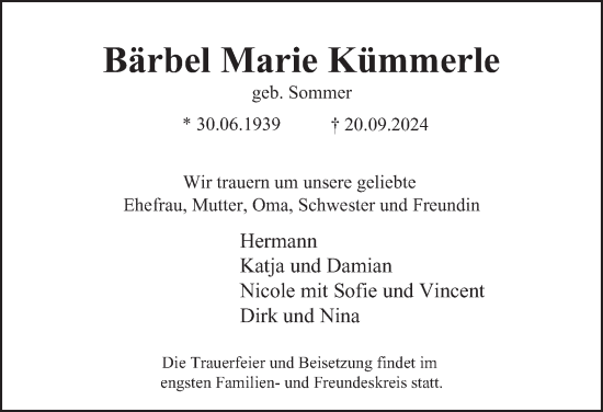Traueranzeige von Bärbel Marie Kümmerle von Hamburger Abendblatt
