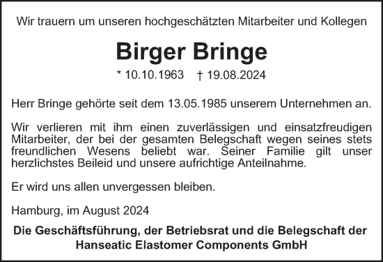 Traueranzeige von Birger Bringe von HA Regio Harburg