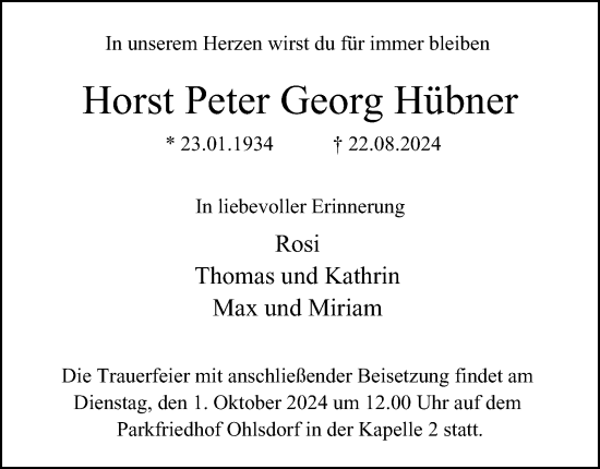 Traueranzeige von Horst Peter Georg Hübner von Hamburger Abendblatt