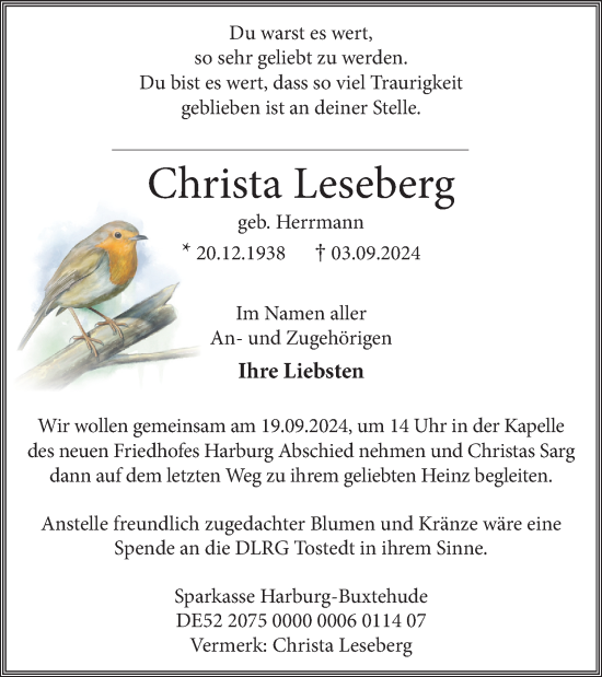Traueranzeige von Christa Leseberg 