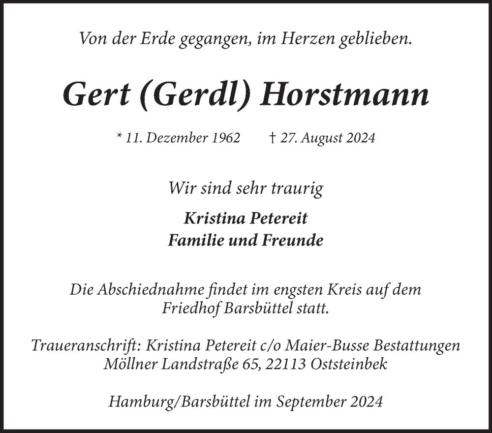  Traueranzeige für Gert Horstmann vom 07.09.2024 aus 