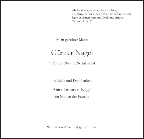Traueranzeige von Günter Nagel von Hamburger Abendblatt